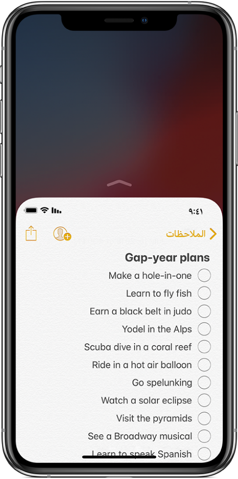شاشة iPhone تم تمكين تسهيل الوصول عليها. تم تحريك الجزء العلوي من الشاشة لأسفل، مع وضع قائمة في تطبيق الملاحظات يمكن الوصول إليها بإبهابك بسهولة.