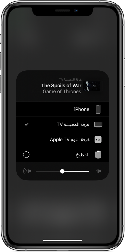  نافذة AirPlay مفتوحة وتعرض عنوان حلقة من أحد برامج التلفاز. تظهر أسفله قائمة بأجهزة AirPlay. تم تحديد تلفاز غرفة المعيشة. يظهر شريط تمرير مستوى الصوت في الجزء السفلي من النافذة.