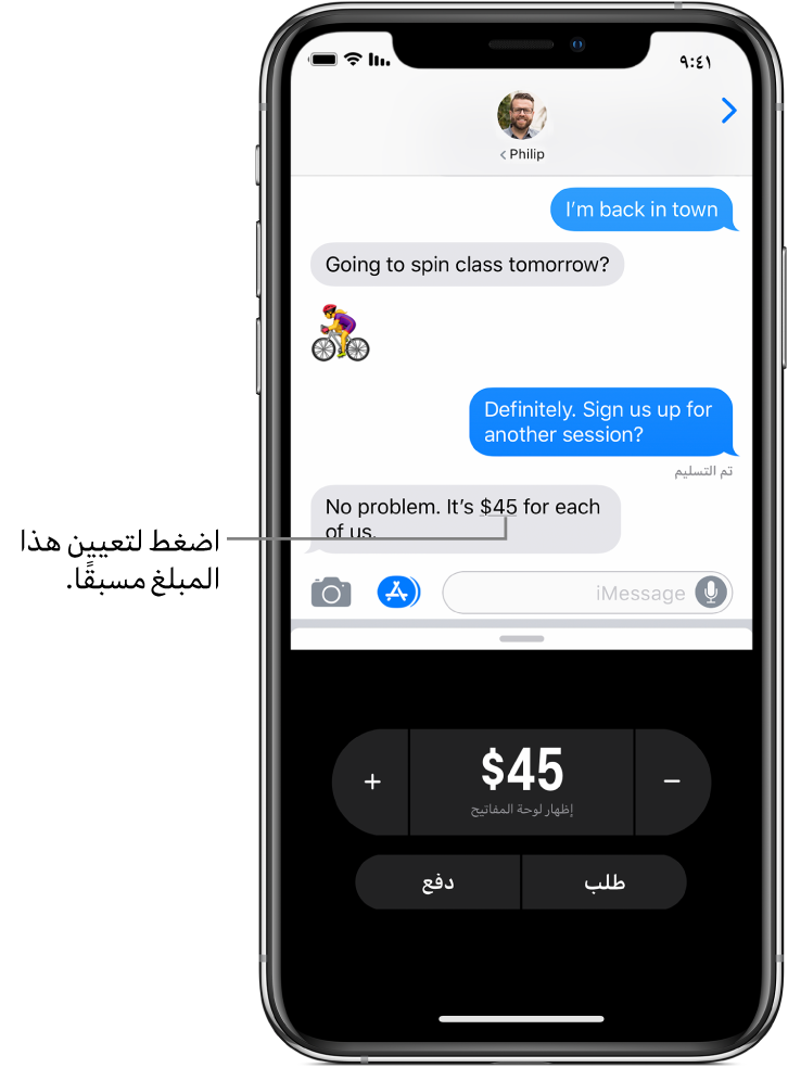 محادثة iMessage ويظهر بها تطبيق Apple Pay مفتوحًا في الجزء السفلي.