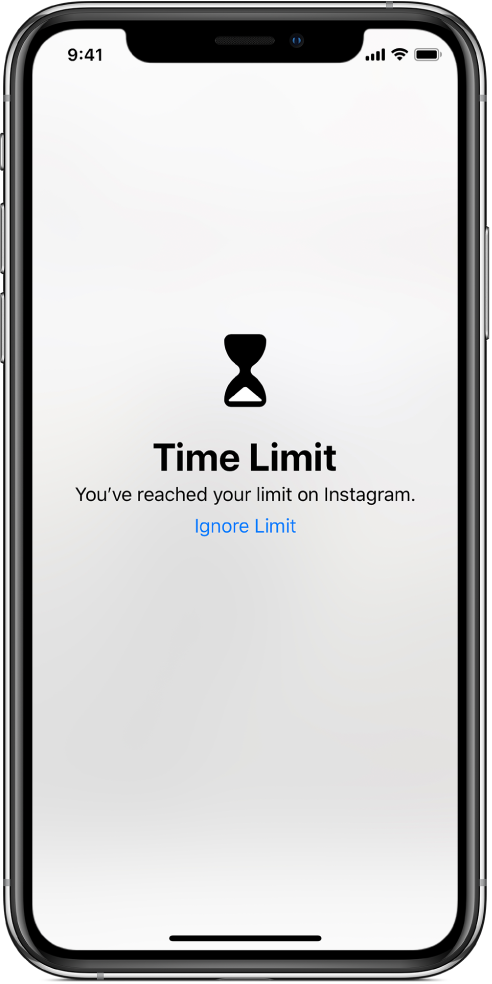 Екран, показващ предупреждение за Time Limit (Лимит на времето), че днес за Instagram е изразходван един час. Под предупреждението има бутон Ignore Limit (Игнориране на лимит).