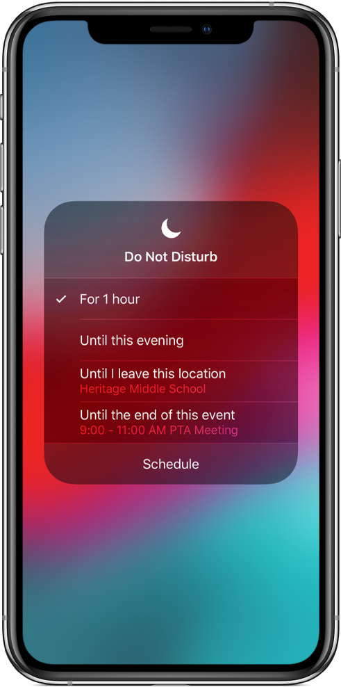 Екран, който показва опциите за включване на Do Not Disturb (Не ме безпокойте) за един час, до вечерта, докато не напуснете мястото или до края на събитието.