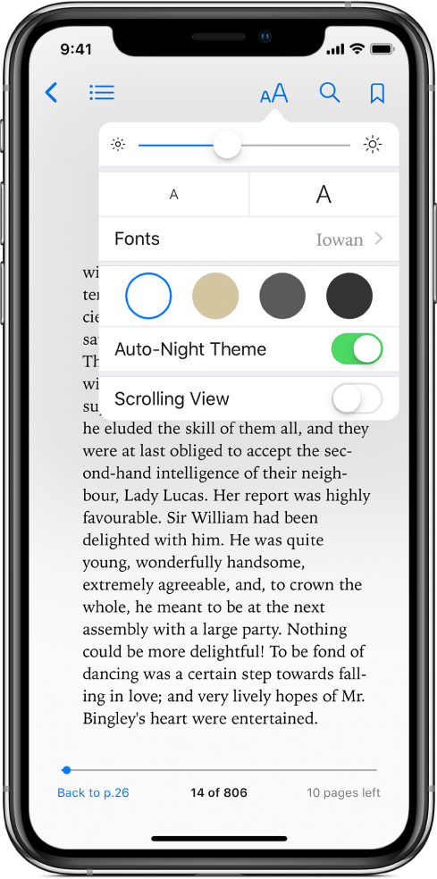 Менюто за изглед, показващо отгоре надолу контролни бутони за яркост, размер на шрифта, шрифт, цвят на страницата, автоматичен режим нощ и прелистване.