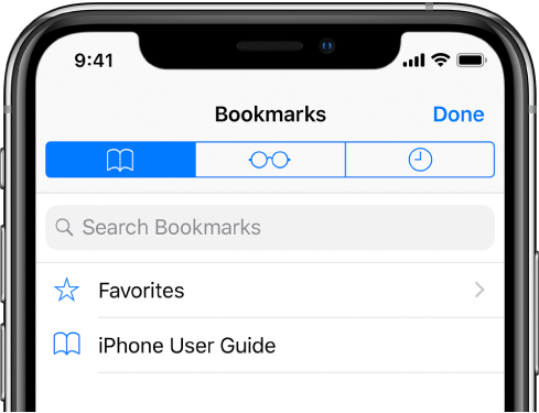 Екранът Bookmarks (Отметки) с опции освен отметките да видите любимите и историята на браузване.