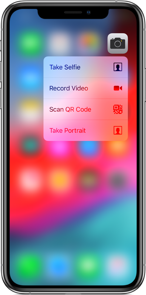 Замъглен Начален екран с менюто бързи действия, показано под иконката Camera (Камера).