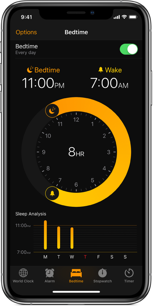 Етикета Bedtime (Врем за сън), показващ, че времето за сън започва в 11 PM, а часът за събуждане е настроен за 7 AM.