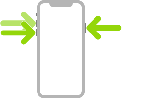 Илюстрация на iPhone със стрелки, показващи разположението на страничния бутон горе вдясно и бутоните за увеличаване и за намаляване на силата на звука горе вляво.