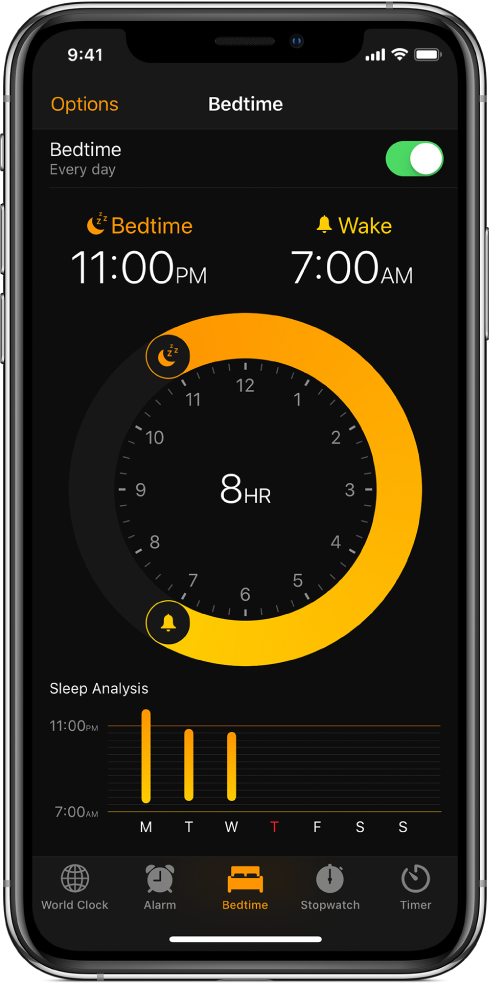 Бутонът Bedtime (Врем за сън) е избран в приложението Clock (Часовник) и показва, че времето за сън започва в 11:00 p.m., а часът за събуждане е настроен за 7:00 a.m.