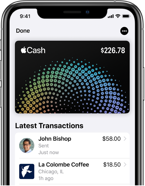 Картата Apple Cash в Wallet (портфейл) с показан бутон More (Повече информация) горе вдясно и последните транзакции под картата.