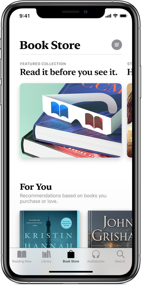 В приложението Books (Книги), екран на Book Store. В долния край на екрана, от ляво надясно, са етикетите Reading Now (Четени в момента), Library (Библиотека), Book Store, Audiobooks (Аудио книги) и Search (Търсене)--избран е етикетът Book Store. Екранът показва и книги и категории от книги, които можете да преглеждате и купувате.