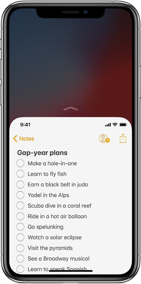 Екран на iPhone с включена функцията Достъпност. Горният край на екрана е преместен надолу, като така списъкът в приложението Notes (Бележки) е достъпен лесно с вашия палец.