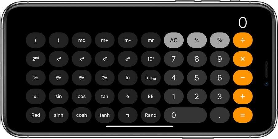 iPhone в хоризонтална ориенатция, показващ научния калкулатор за експоненциални, логаритмични и тригонометрични функции.