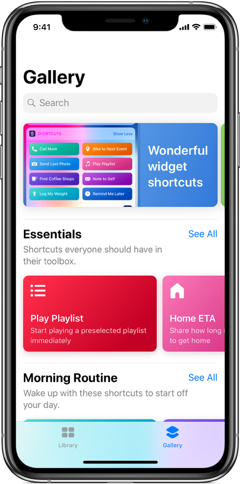 Етикетът Gallery (Галерия) в приложението Shortcuts (Бързи команди), показващ предложения за бързи команди.