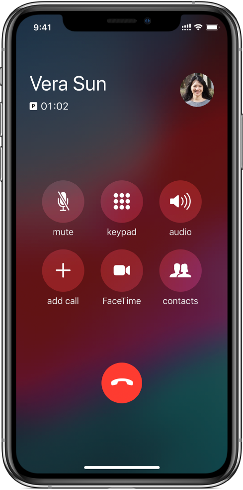 Екрана на iPhone, показващ бутоните за опциите по време на разговор. В горния ред, отляво надясно са бутоните за изключване на звука, клавиатура и високоговорител. В долния ред, отляво надясно са бутоните за добавяне на разговор, FaceTime и контакти.