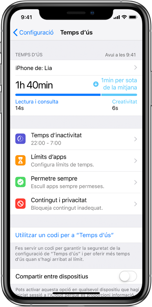 Paràmetres de “Temps d’ús” que pots activar: “Temps d’inactivitat”, “Límits d’apps”, “Permetre sempre” i “Contingut i privacitat”.