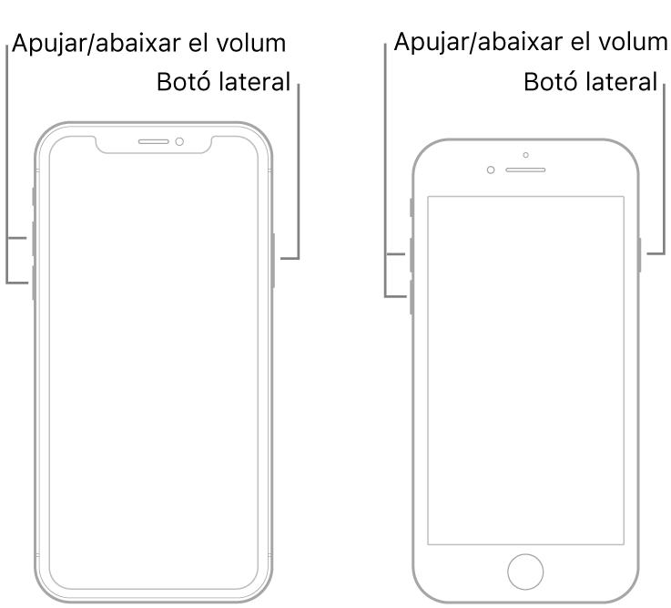 Il·lustracions de dos models d’iPhone amb la pantalla de cara cap amunt. El model de l’esquerra no té botó d’inici, mentre que el de la dreta té un botó d’inici a prop de la part inferior del dispositiu. En tots dos models, els botons per apujar i abaixar el volum són al costat esquerre del dispositiu, i el botó lateral al costat dret.