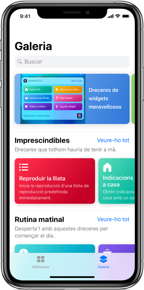 Pestanya Galeria a l’app Dreceres que mostra suggeriments de dreceres.