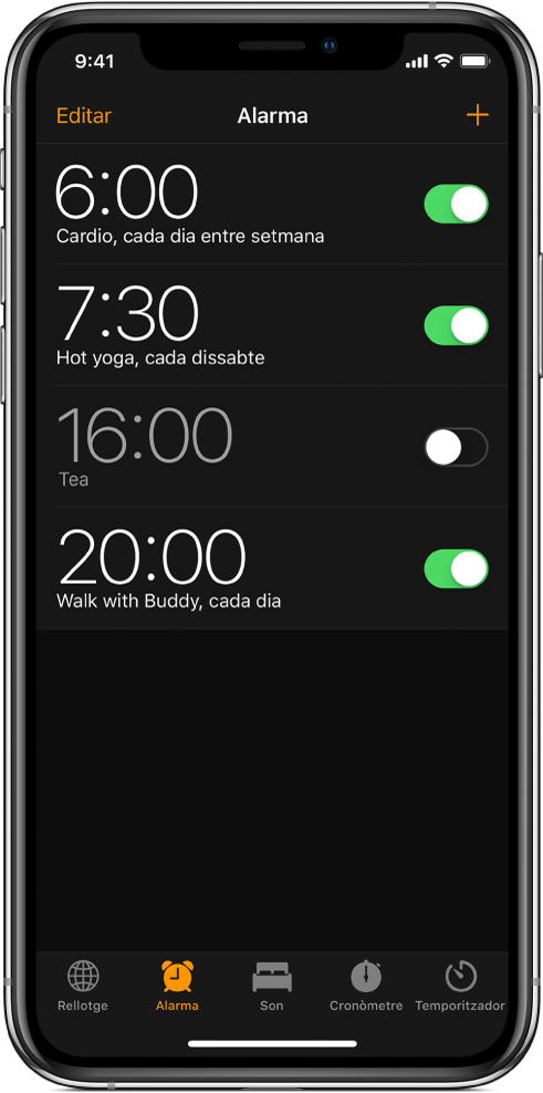 Pestanya Alarma que mostra quatre alarmes configurades per a diferents hores.