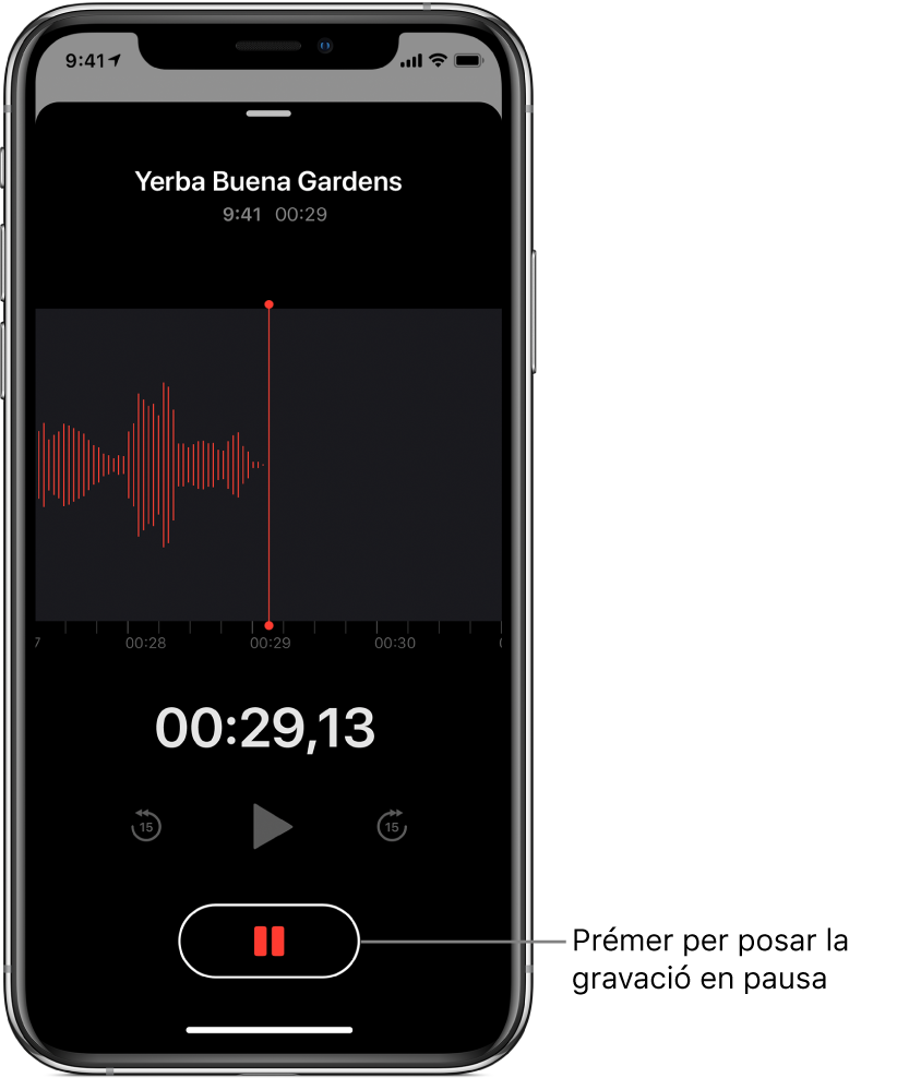 Pantalla de l’app Notes de Veu que mostra una gravació en curs, amb el botó de Pausa actiu i els controls per reproduir, avançar 15 segons i retrocedir 15 segons atenuats. La part principal de la pantalla mostra la forma d’ona de la gravació que està en curs, juntament amb un indicador del temps.
