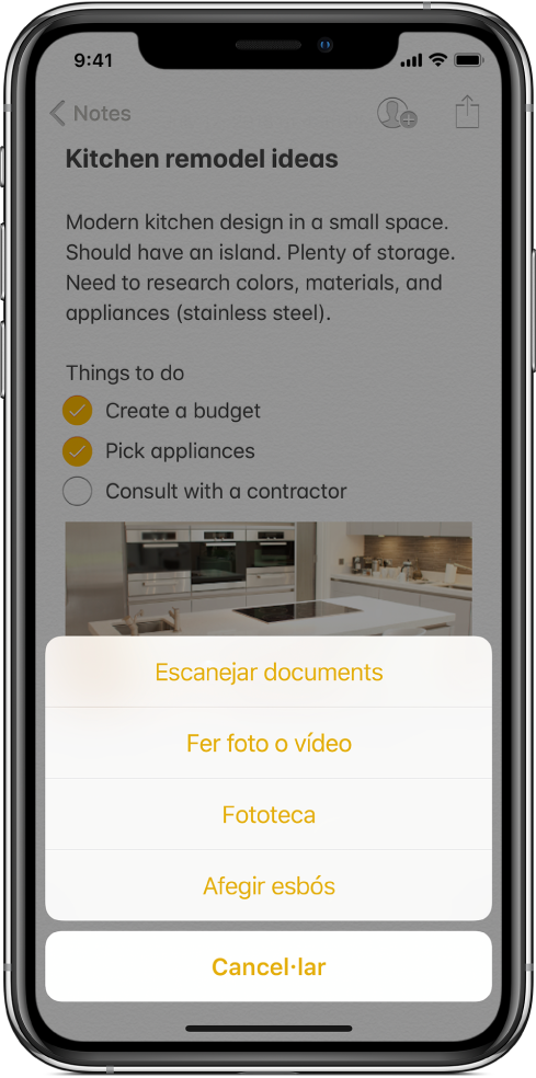 Nota amb el menú Inserir que mostra les opcions per “Escanejar documents”, “Fer foto o vídeo”, Fototeca o “Afegir esbós”.