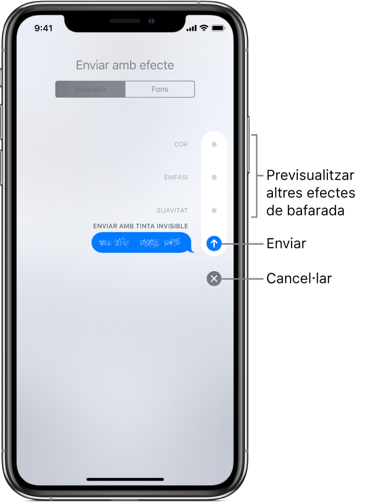 Una previsualització d’un missatge amb l’efecte de tinta invisible. A la dreta, prem un control per previsualitzar altres efectes de bombolla. Torna a prémer el mateix control per enviar, o prem el botó Cancel·lar a sota per tornar al teu missatge.