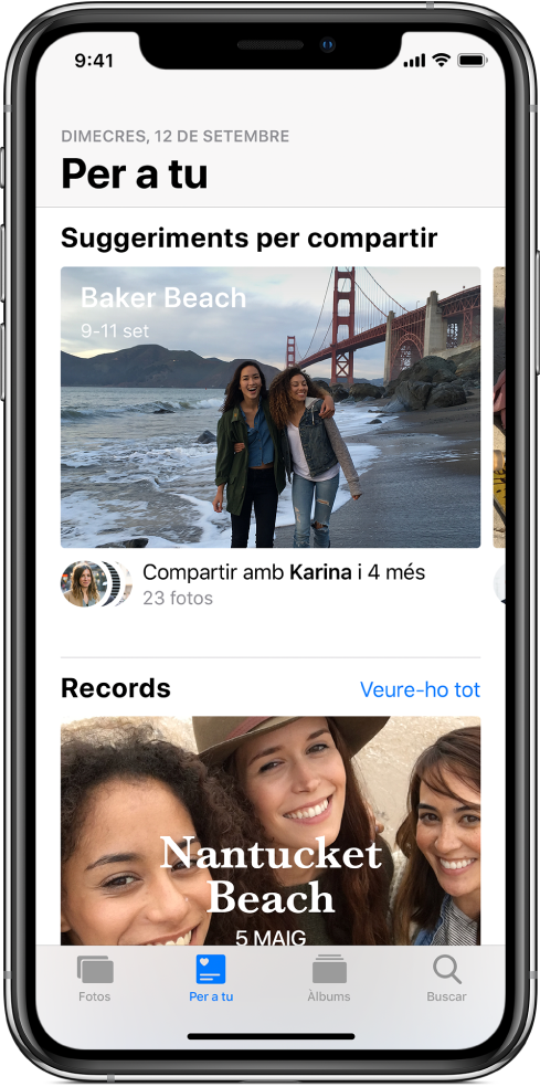 App Fotos amb el botó “Per a tu” seleccionat a la part inferior de la pantalla i “Suggeriment per compartir” a la part superior.