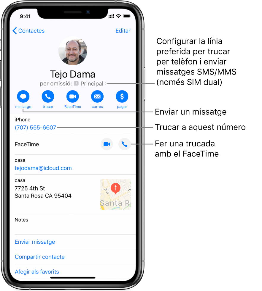 Pantalla d’informació d’un contacte. Al capdamunt hi ha el nom i la foto del contacte. A sota hi ha els botons per enviar un missatge, fer una trucada telefònica, fer una trucada amb FaceTime i enviar un missatge de correu electrònic. A sota dels botons hi ha la informació de contacte.