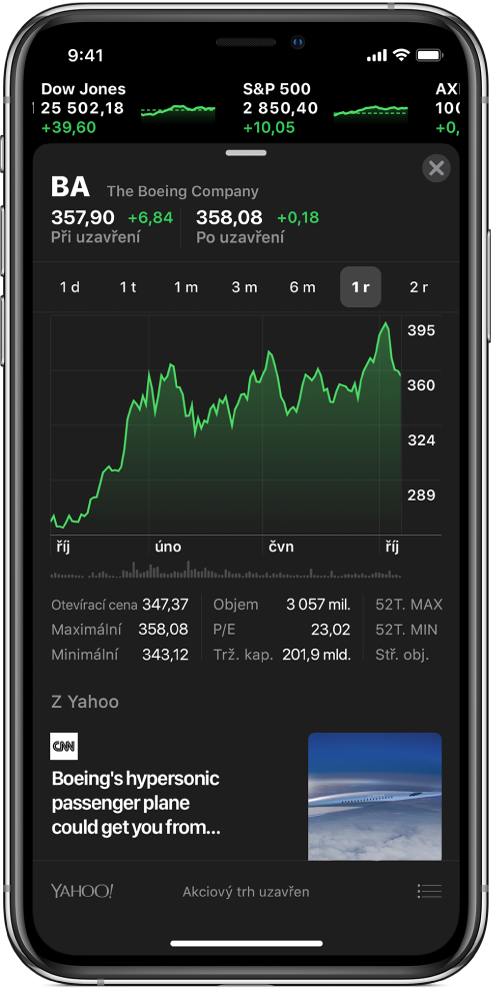 Obrazovka v aplikaci Akcie s rolujícím symbolem aktuálních cen akcií nahoře. Pod ním jsou uvedené podrobné údaje o konkrétním akciovém titulu. Shora dolů je to symbol a název akciového titulu, zahajovací a závěrečná cena, interaktivní graf s porovnáním změn ceny za různá časová období, další podrobnosti a související zpravodajské články.