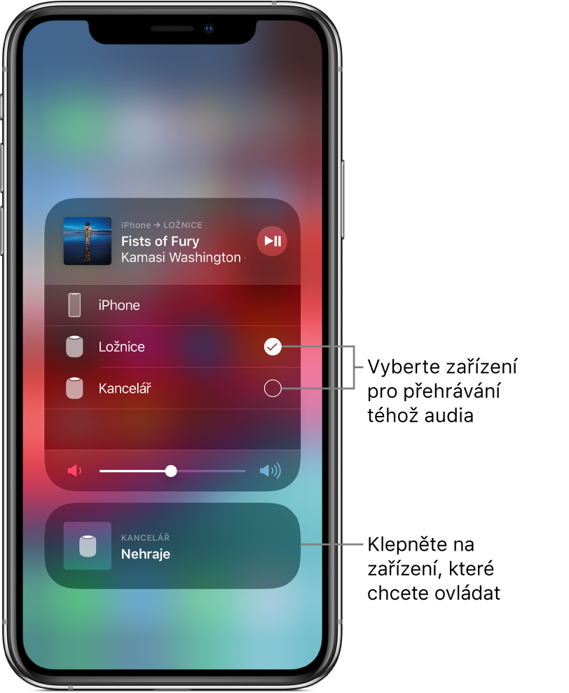 Obrazovka AirPlay se dvěma kartami. Nahoře se zobrazuje otevřená karta zvuku iPhonu s názvem skladby a umělcem. Na této kartě jsou vidět dva reproduktory – v ložnici a v pracovně – a reproduktor v ložnici je vybraný. U reproduktorů je popisek „Vyberte zařízení pro přehrávání téhož audia“. U dolního okraje otevřené karty je jezdec hlasitosti. V dolní části obrazovky se nachází zavřená karta reproduktoru v pracovně s textem Nehraje. U dolní zavřené karty je popisek „Vyberte zařízení, které chcete ovládat“.