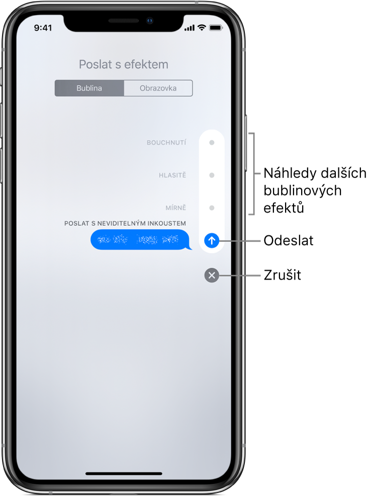 Náhled zprávy s efektem neviditelného inkoustu. Klepnutím na ovládací prvky po pravé straně můžete zobrazit náhled dalších bublinových efektů. Dalším klepnutím na stejný ovládací prvek efekt odešlete; klepnutím na tlačítko Zrušit dole se vrátíte ke zprávě