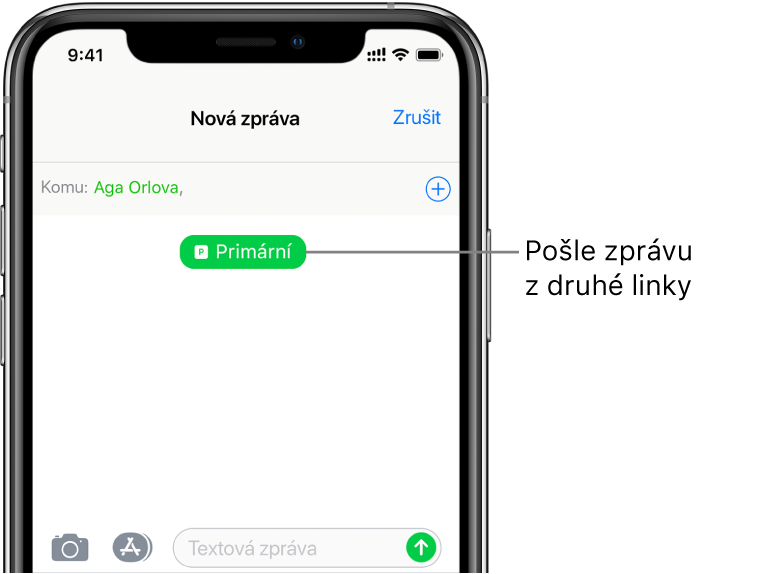 Obrazovka nové SMS/MMS konverzace v aplikaci Zprávy. Chcete‑li zprávu odeslat prostřednictvím druhé linky, klepněte na tlačítko linky pod příjemcem.