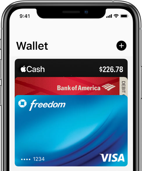 Horní polovina obrazovky Walletu s několika kreditními a debetními kartami. Vpravo nahoře se nachází tlačítko Přidat.