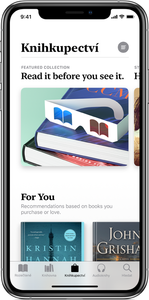 Obrazovka Knihkupectví v aplikaci Knihy. U dolního okraje obrazovky jsou zleva doprava karty Rozečtené, Knihovna, Knihkupectví, Audioknihy a Hledat. Na obrazovce jsou dále vidět knihy a kategorie knih, které můžete procházet a využít k nákupu.