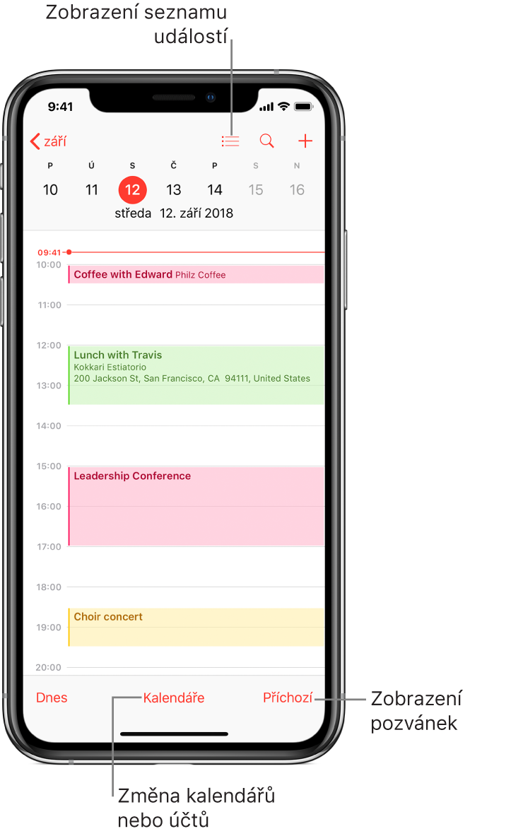 Kalendář v zobrazení dne s denními událostmi. Chcete‑li změnit kalendářové účty, klepněte na tlačítko Kalendáře v dolní části obrazovky. Klepnutím na tlačítko Příchozí vpravo dole zobrazíte pozvánky.