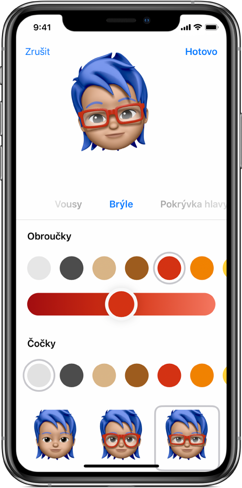 Obrazovka pro vytváření memoji. Nahoře vznikající obličej, pod ním seznam přizpůsobitelných prvků a ještě níž volby pro vybraný prvek. Vpravo nahoře se nachází tlačítko Hotovo a vlevo nahoře tlačítko Zrušit.