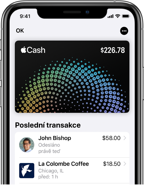 Karta Apple Cash ve Walletu s tlačítkem Více vpravo nahoře a s přehledem posledních transakcí pod kartou