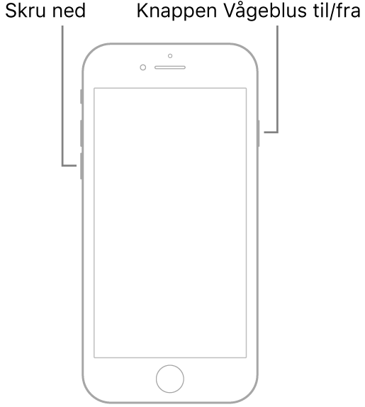 En illustration af iPhone 7 med skærmen opad. Knappen Lydstyrke ned vises på venstre side af enheden, og knappen Vågeblus til/fra vises på højre side.
