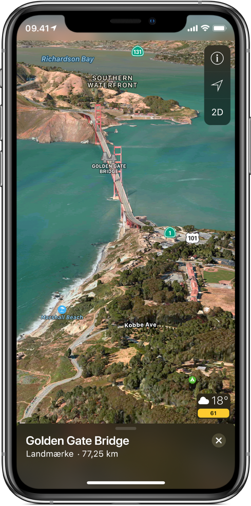 Et 3D-satellitkort over området omkring Golden Gate Bridge. Knapperne Sporing fra, Indstillinger og 2D vises øverst til højre, og et vejrsymbol med en temperaturmåling og et luftkvalitetsindeks vises nederst til højre.