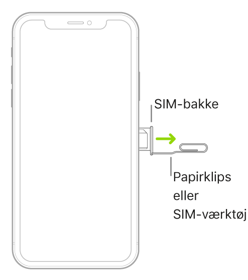 Før en papirclips eller værktøjet til SIM-kort ind i det lille hul i bakken på højre side af iPhone for at skubbe bakken ud og fjerne den.