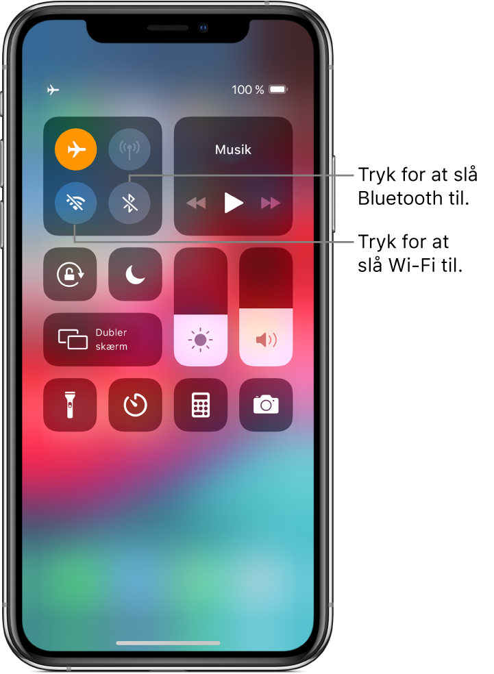 Kontrolcenter med flyfunktion slået til, med billedtekster, der forklarer, at hvis der trykkes på knappen nederst til venstre i den øverste venstre gruppe af betjeningsmuligheder, slås Wi-Fi til, og hvis der trykkes på knappen nederst til højre i den pågældende gruppe, slås Bluetooth til.