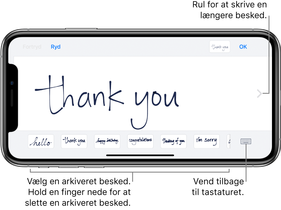 Skærmen Håndskrift med en håndskrevet besked. Langs bunden ses fra venstre mod højre arkiverede beskeder og knappen Vis tastatur.