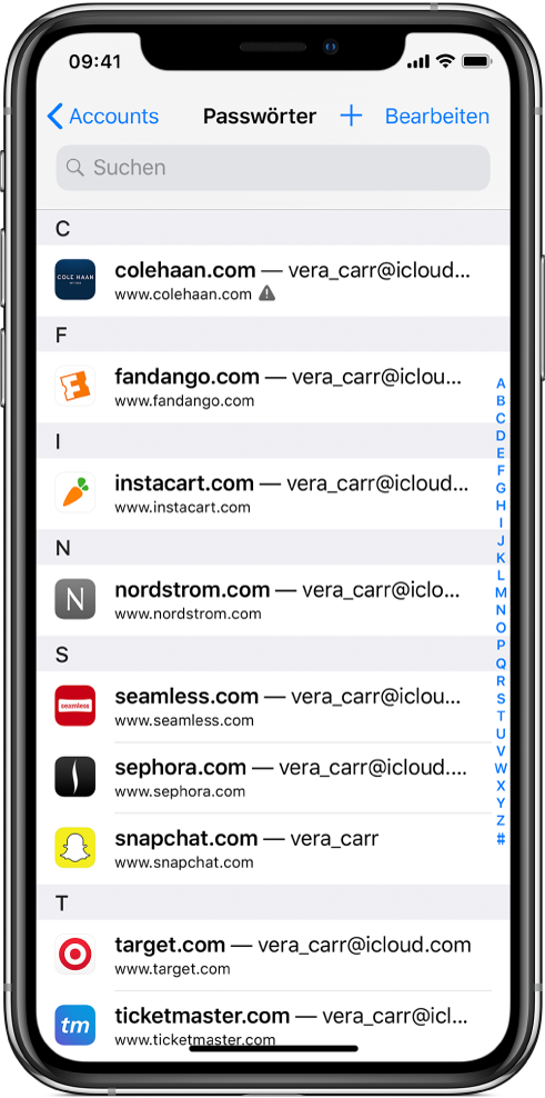 Ein Passwortbildschirm mit einer alphabetischen Liste der Websites und den Namen der zugehörigen Accounts. Für die erste Website in der Liste wird neben der URL ein Warnsymbol wegen eines wiederverwendeten Passworts angezeigt.