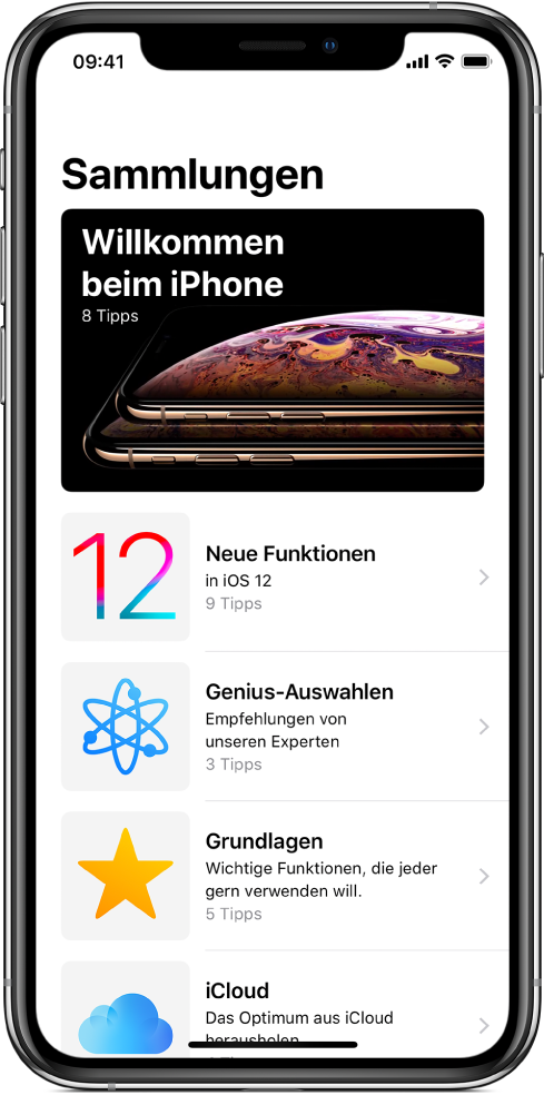 Ein Bildschirm mit einer Sammlung von Tipps; die Rechtspfeile deuten darauf hin, dass du durch Tippen auf eine Sammlung die darin enthaltenen Tipps anzeigen kannst.