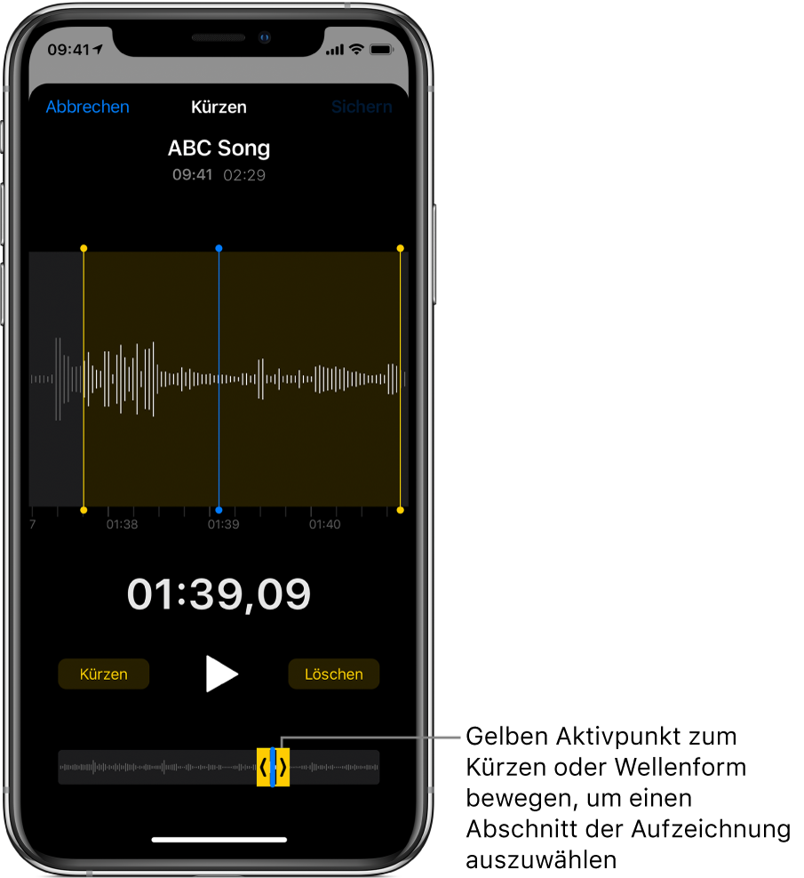 Unten auf dem Bildschirm sind die zu kürzende Aufnahme mit den beiden Aktivpunkten links und rechts einer Sequenz der Wellenform zu sehen. Über der Wellenform werden die Taste „Wiedergabe“ und der Timer für die Aufnahme angezeigt. Die Aktivpunkte befinden sich unterhalb der Taste „Wiedergabe“.