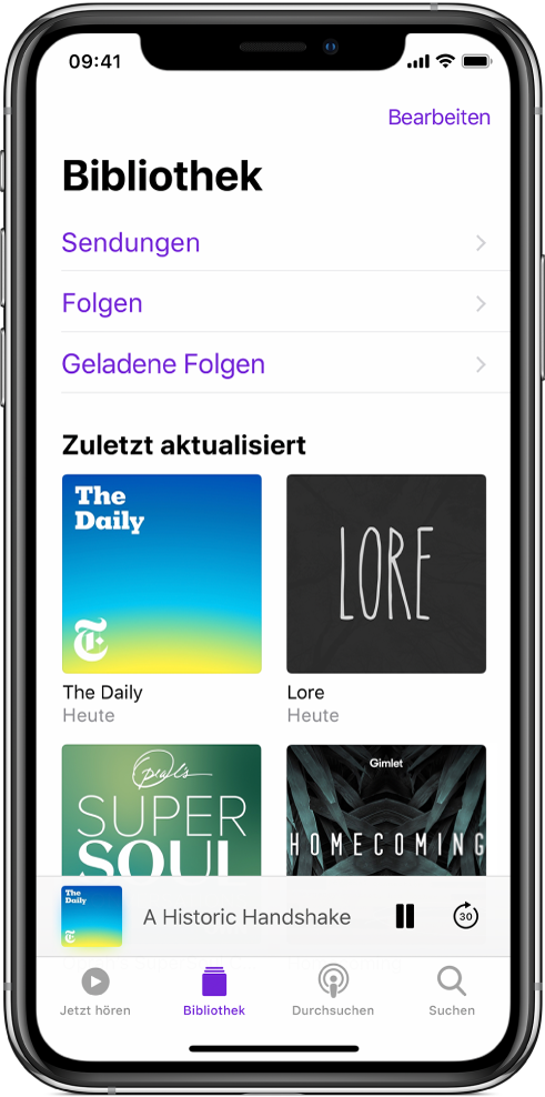 Der Tab „Mediathek“ mit kürzlich aktualisierten Podcasts.