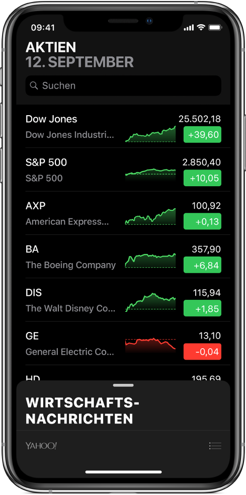 Eine Aktienliste mit verschiedenen Aktien. Für jede Aktie in der Liste werden von links nach rechts das Symbol und der Name der Aktie, das Aktienchart, der Aktienkurs und die Kursentwicklung angezeigt. Über der Aktienliste befindet sich am oberen Bildschirmrand das Suchfeld. Unter der Aktienliste werden News aus der Finanz- und Geschäftswelt angezeigt. Streiche über die News nach oben, um die zugehörigen Storys anzuzeigen.