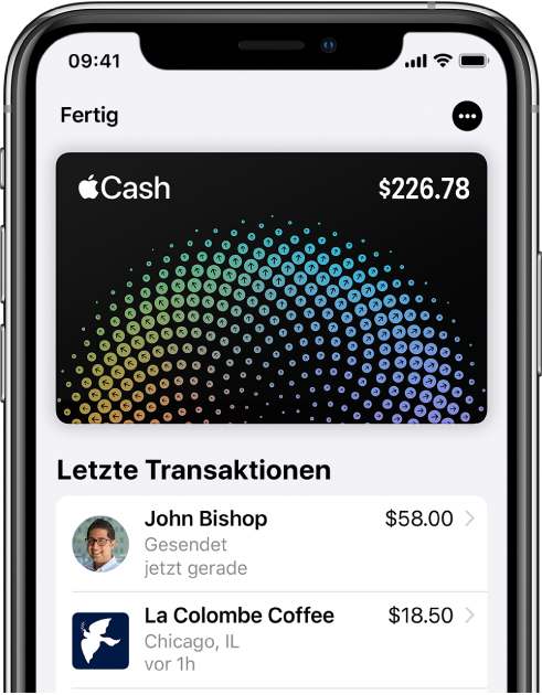 Die Apple Cash-Karte in der App „Wallet“ mit der Taste „Mehr“ oben rechts und den neuesten Transaktionen unter der Karte.