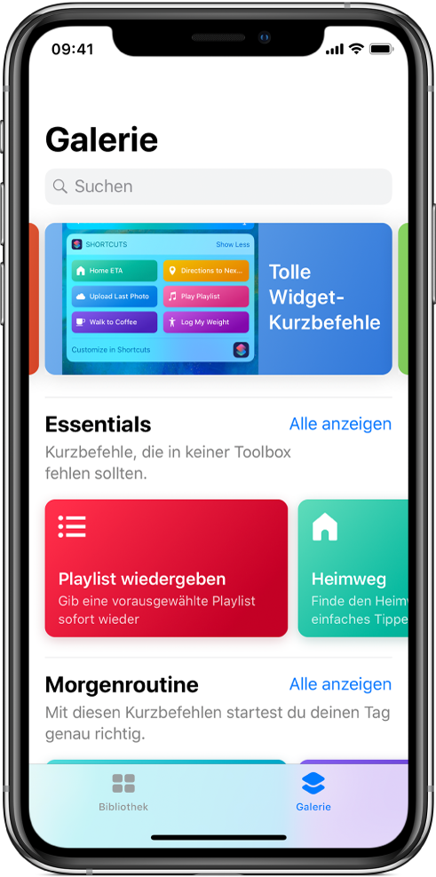 Der Tab „Galerie“ der App „Kurzbefehle“ mit Vorschlägen für Kurzbefehle.