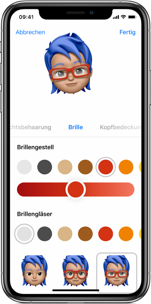 Ein Bildschirm der App „Nachrichten“ beim Erstellen einer Memoji-Figur.