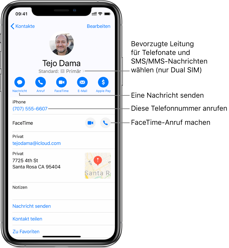 Der Informationsbildschirm für einen Kontakt. Oben werden das Foto und der Name des Kontakts angezeigt. Darunter befinden sich die Tasten zum Senden einer Nachricht, zum Tätigen eines Anrufs, zum Tätigen eines FaceTime-Anrufs und zum Senden einer E-Mail-Nachricht. Unter den Tasten sind die Informationen des Kontakts zu sehen.