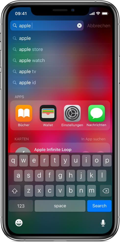 Ein Bildschirm zur Darstellung einer Suche nach Inhalten auf dem iPhone. Oben ist das Suchfeld mit dem Suchbegriff „apple“ zu sehen, darunter sind die Suchergebnisse zu sehen, die den gesuchten Begriff enthalten.